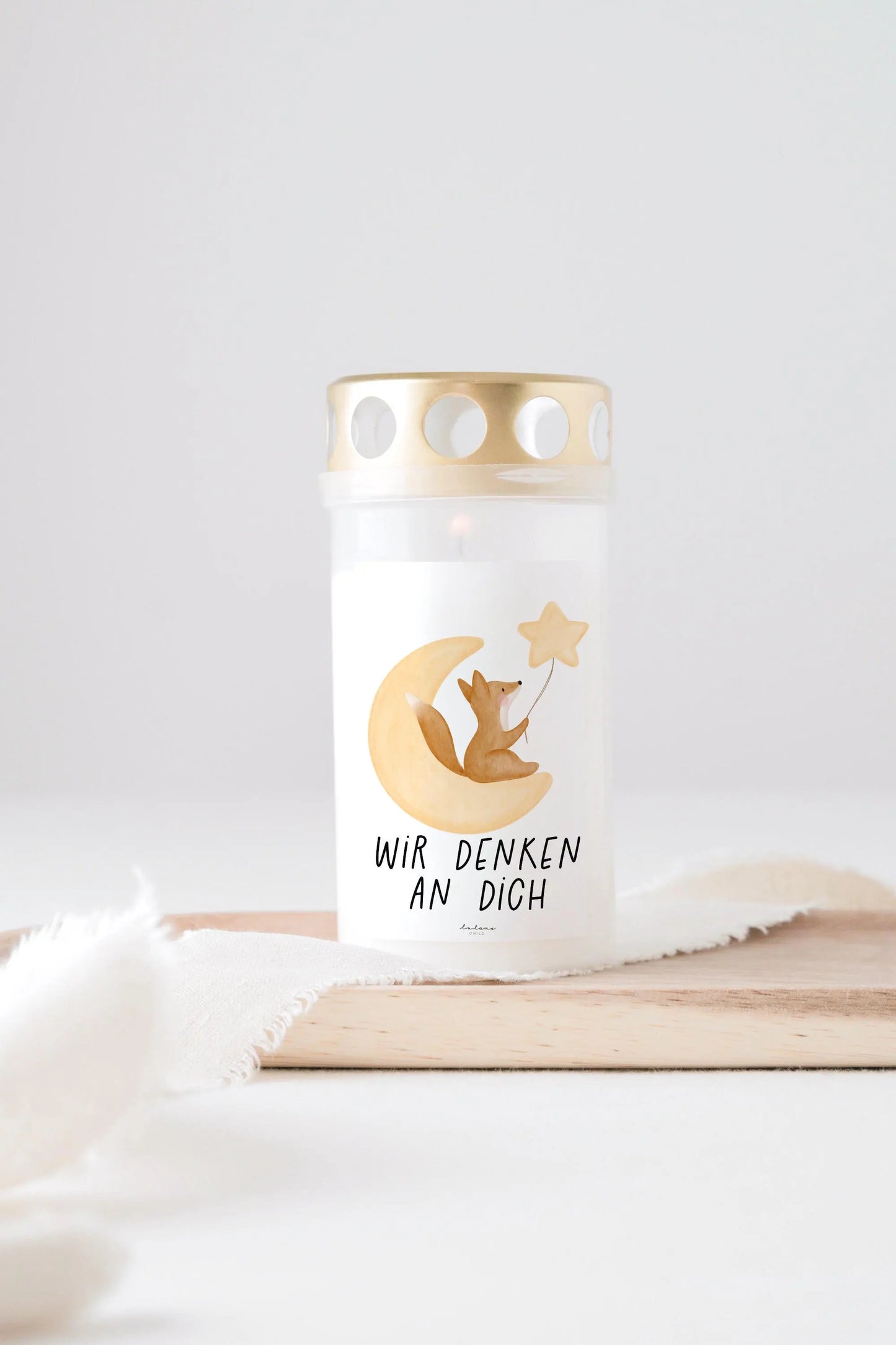 Grabkerze Fuchs mit Spruch "Wir denken an dich"