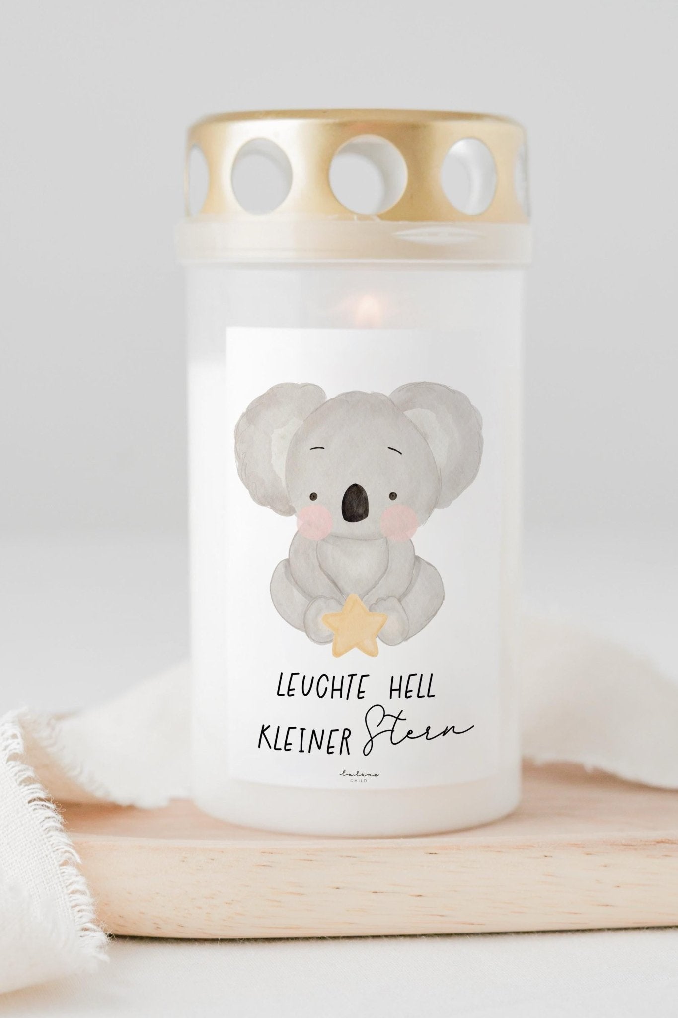 Grabkerze Koala mit Spruch "Leuchte hell kleiner Stern" - lalunechild