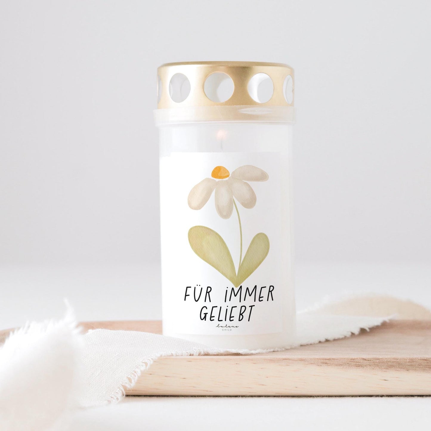 Grabkerze Gänseblümchen mit Spruch "Für immer geliebt "