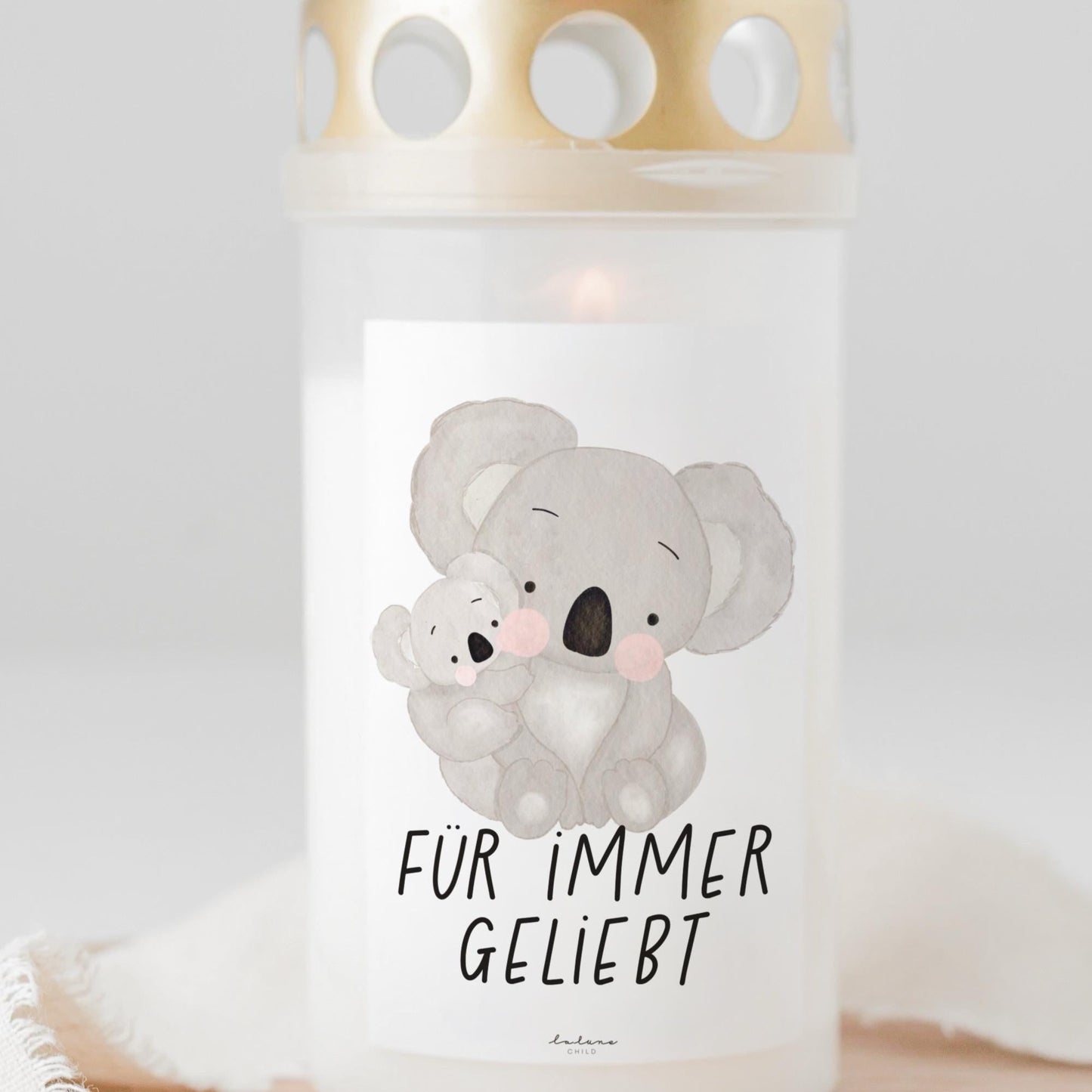 Grabkerze Koala Mama Papa Kind mit Spruch "Für immer geliebt"
