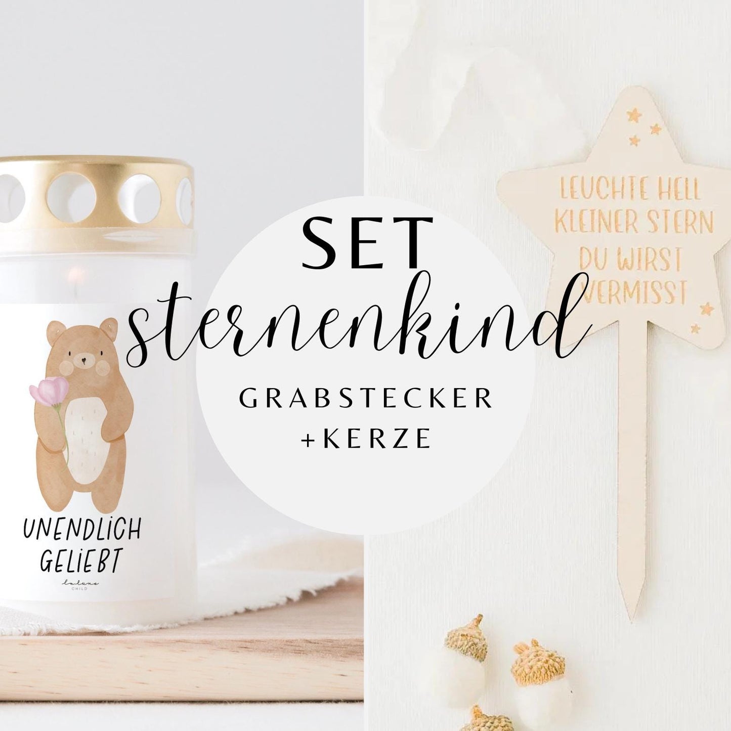 Grabkerze Bär mit Blume & Grabstecker Stern SET