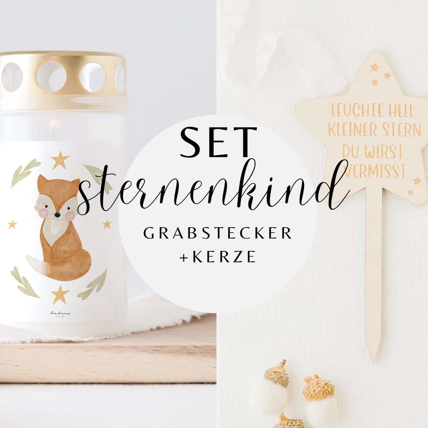 Grabkerze Fuchs ohne Spruch & Grabstecker Stern SET