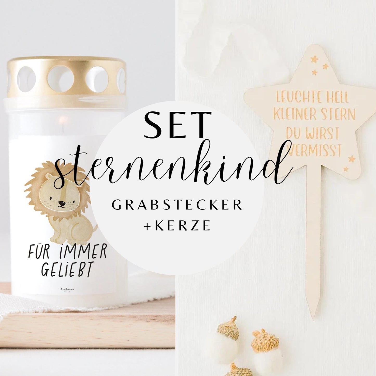 Grabkerze Löwe & Grabstecker SET
