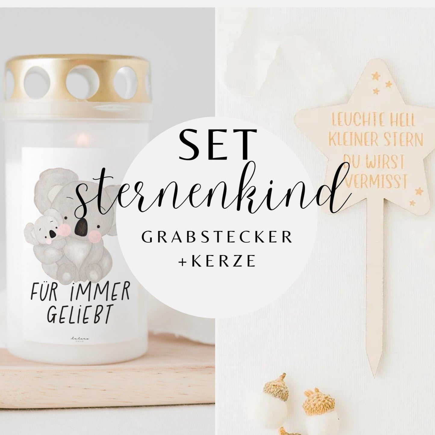 Grabkerze Koala Familie & Grabstecker Stern SET