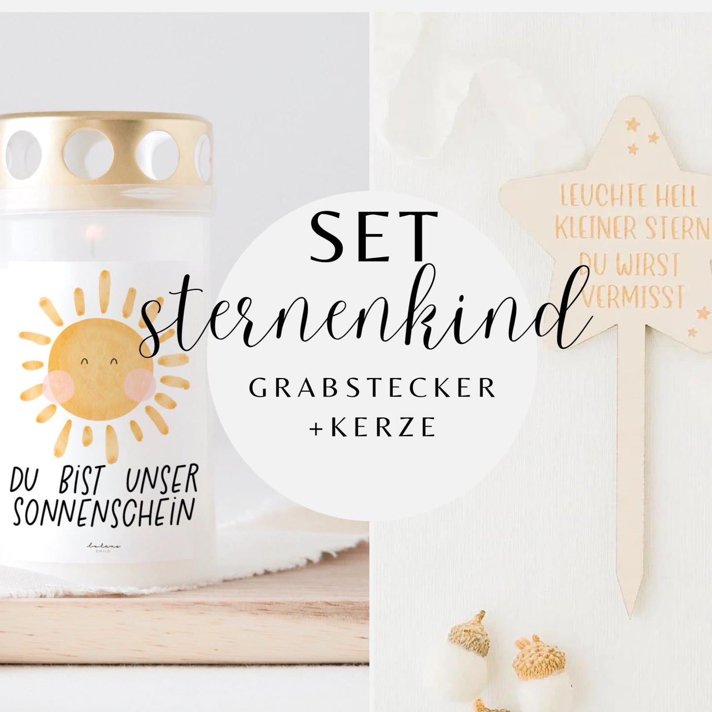 Grabkerze Sonnenschein & Grabstecker Stern SET
