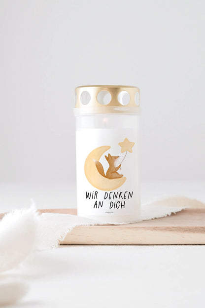Grabkerze Fuchs mit Spruch "Wir denken an dich"