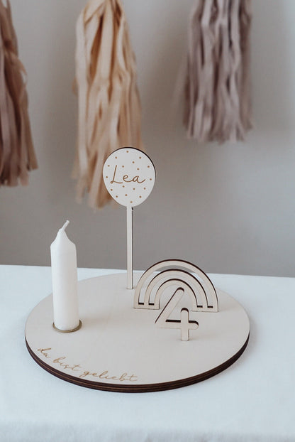 Kerzenteller Geburtstagsteller mit Regenbogen & Ballon Personalisiert