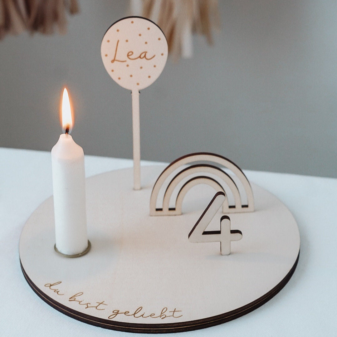 Kerzenteller Geburtstagsteller mit Regenbogen & Ballon Personalisiert
