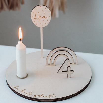 Kerzenteller Geburtstagsteller mit Regenbogen & Ballon Personalisiert