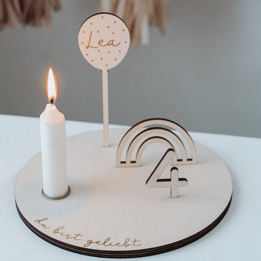 Kerzenteller Geburtstagsteller mit Regenbogen & Ballon Personalisiert