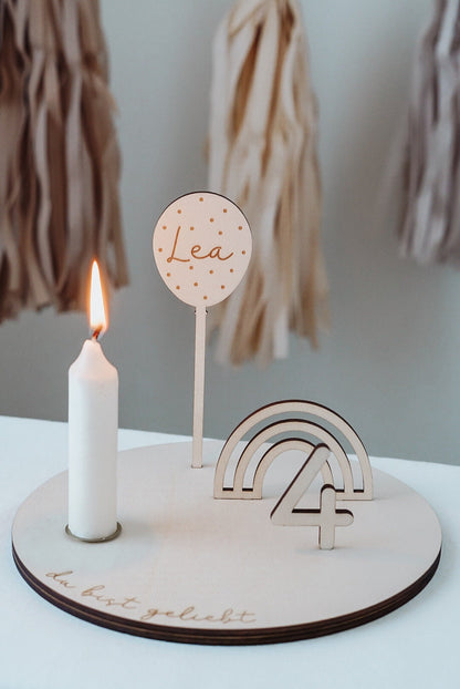 Kerzenteller Geburtstagsteller mit Regenbogen & Ballon Personalisiert