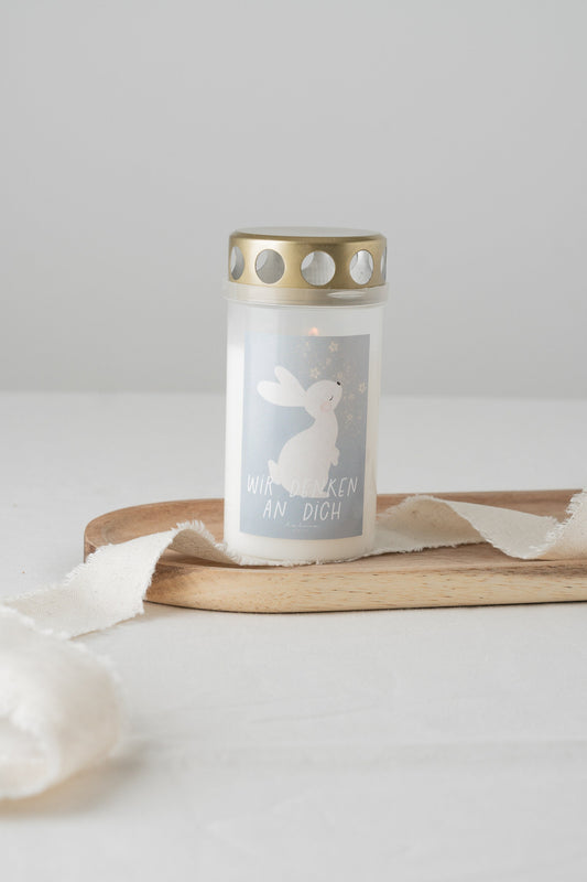 Grabkerze Hase mit Spruch "Wir denken an dich" Trauerkerze Trauergeschenk Himmelsgeburtstag Grabschmuck