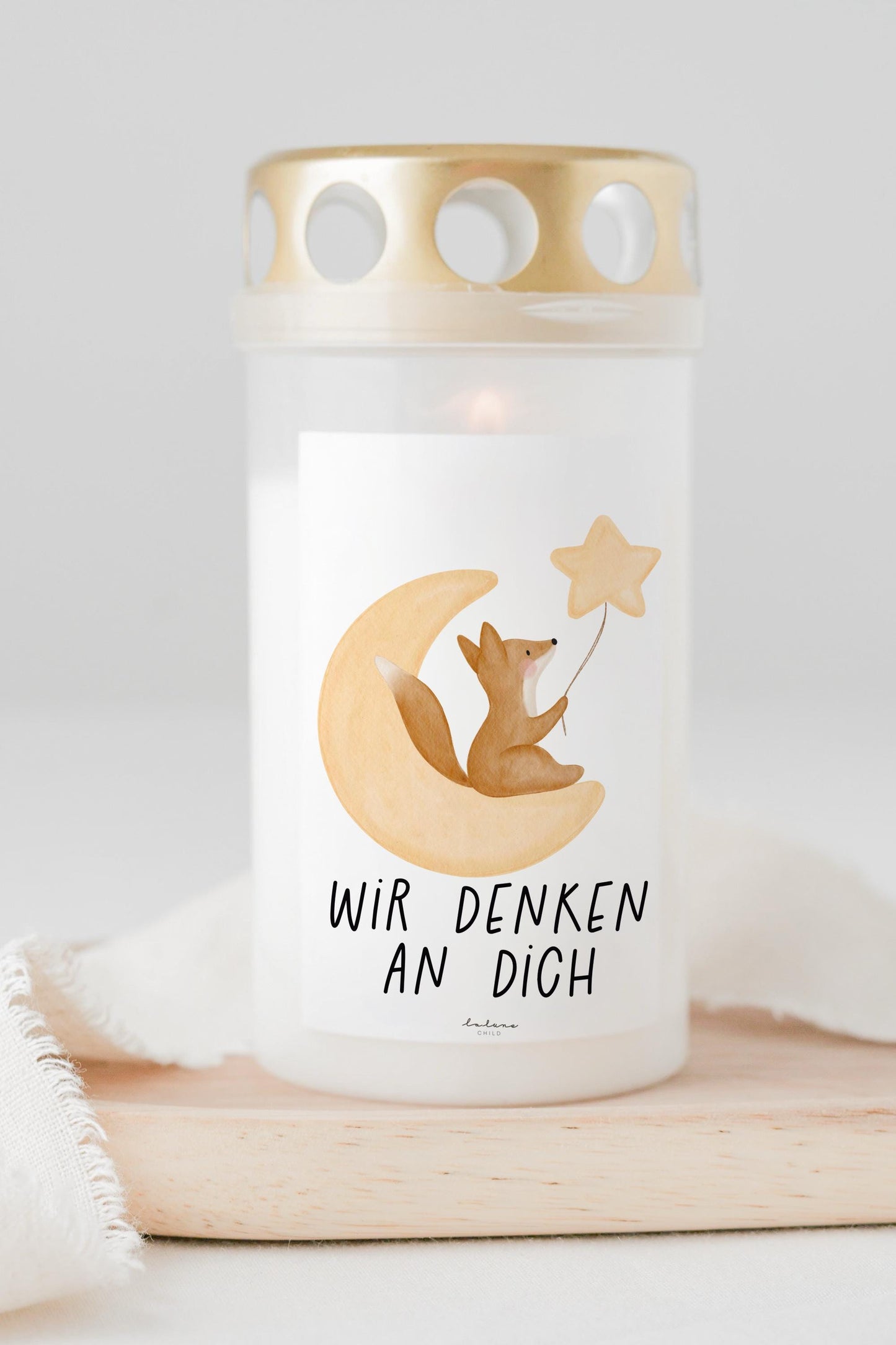 Grabkerze Fuchs mit Spruch "Wir denken an dich" Trauerkerze Trauergeschenk Himmelsgeburtstag Grabschmuck