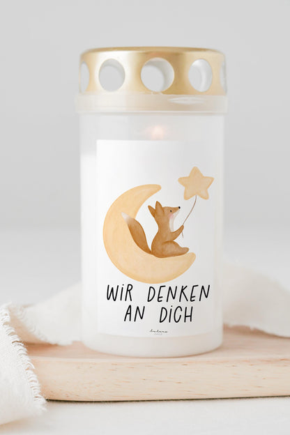 Grabkerze Fuchs mit Spruch "Wir denken an dich" Trauerkerze Trauergeschenk Himmelsgeburtstag Grabschmuck