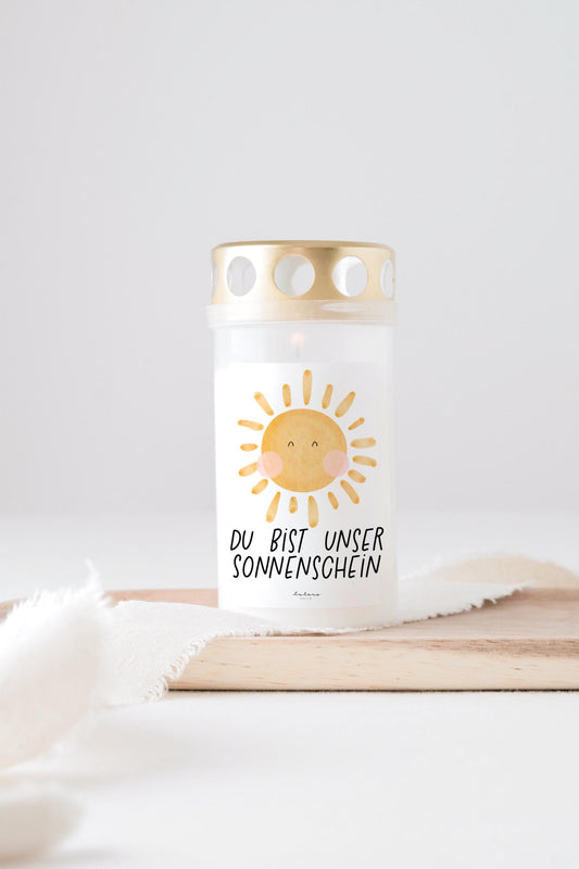 Grabkerze Sonne  mit Spruch "Du bist unser Sonnenschein " Trauerkerze Trauergeschenk Himmelsgeburtstag Grabschmuck Sternenkind