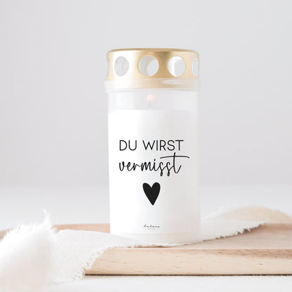Grabkerze mit Spruch "Du wirst vermisst"