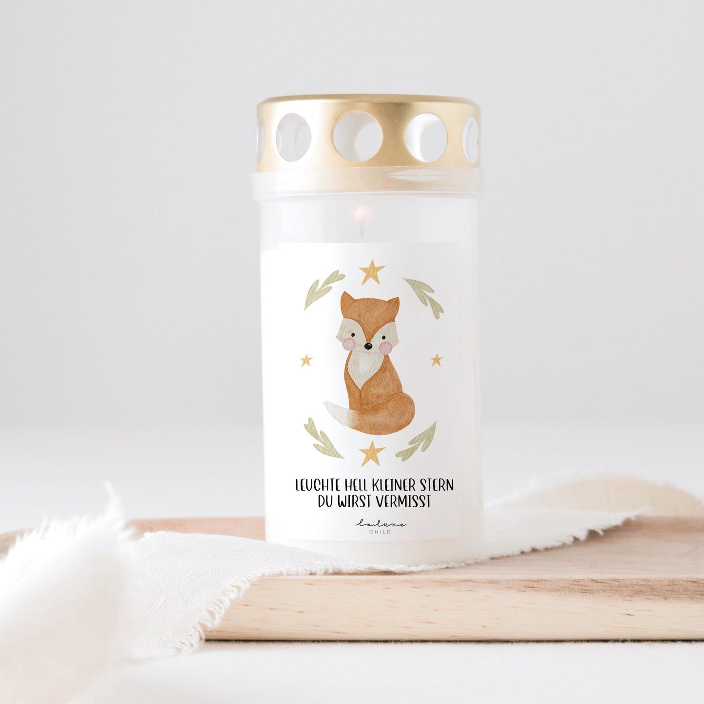 Grabkerze Fuchs mit Spruch „Leuchte hell kleiner Stern, du wirst vermisst“ Trauerkerze Trauergeschenk Sternenkind Himmelsgeburtstag I
