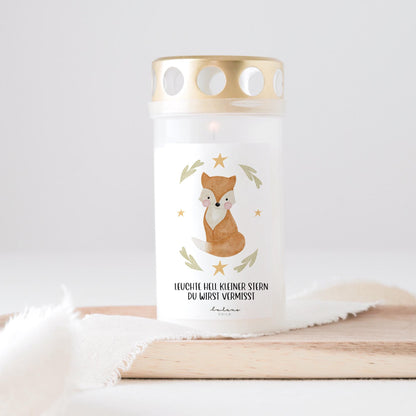 Grabkerze Fuchs mit Spruch „Leuchte hell kleiner Stern, du wirst vermisst“ Trauerkerze Trauergeschenk Sternenkind Himmelsgeburtstag I