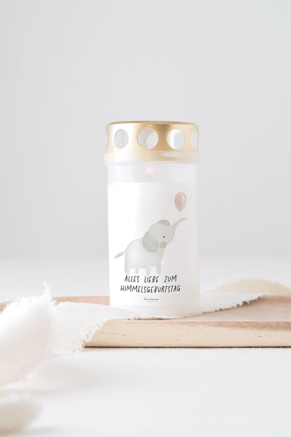 Grabkerze Himmelsgeburtstag Elefant mit Ballon und Spruch "Alles liebe zum Himmelsgeburtstag" Trauergeschenk Trauerkerze Geburtstag Kerze
