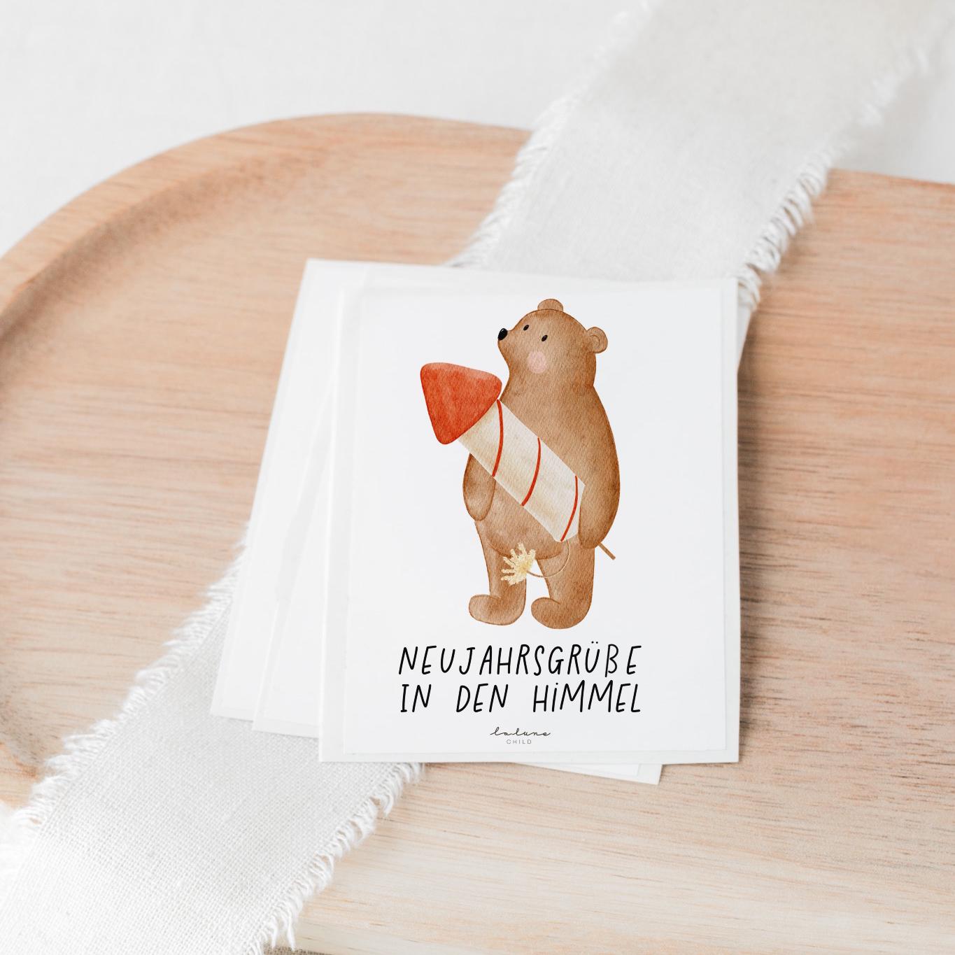 Aufkleber Grabkerze Bär mit Rakete – Neujahrsgrüße in den Himmel