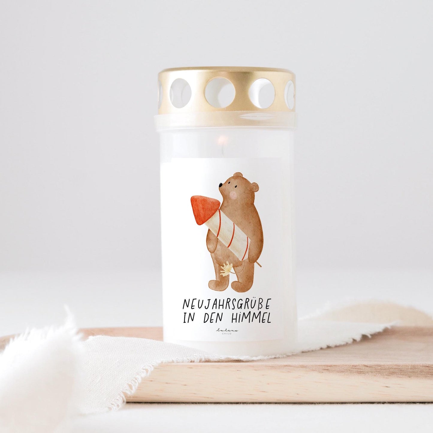Grabkerze mit Spruch "Neujahrsgruß in den Himmel“ Trauerkerze Trauergeschenk Sternenkind Neujahr Silvester Bär mit Rakete