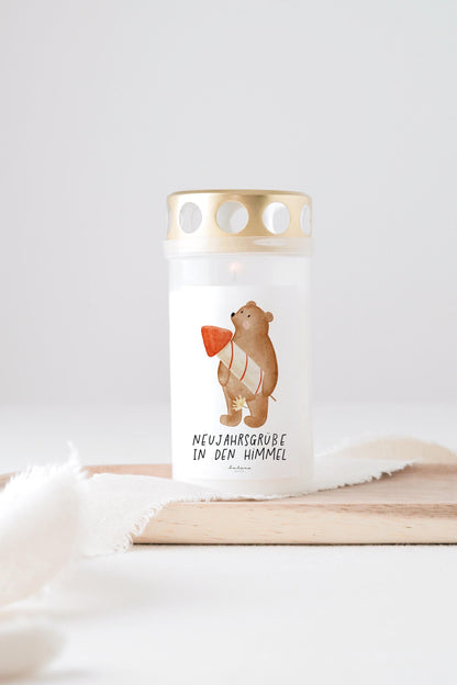 Grabkerze mit Spruch "Neujahrsgruß in den Himmel“ Trauerkerze Trauergeschenk Sternenkind Neujahr Silvester Bär mit Rakete