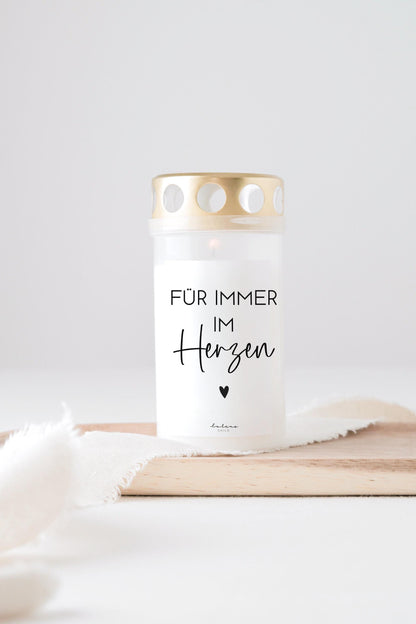 Grabkerze mit Spruch "Für immer im Herzen"