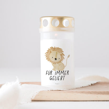 Grabkerze Löwe mit Spruch "Für immer geliebt" Trauerkerze Trauergeschenk Sternenkind Himmelsgeburtstag