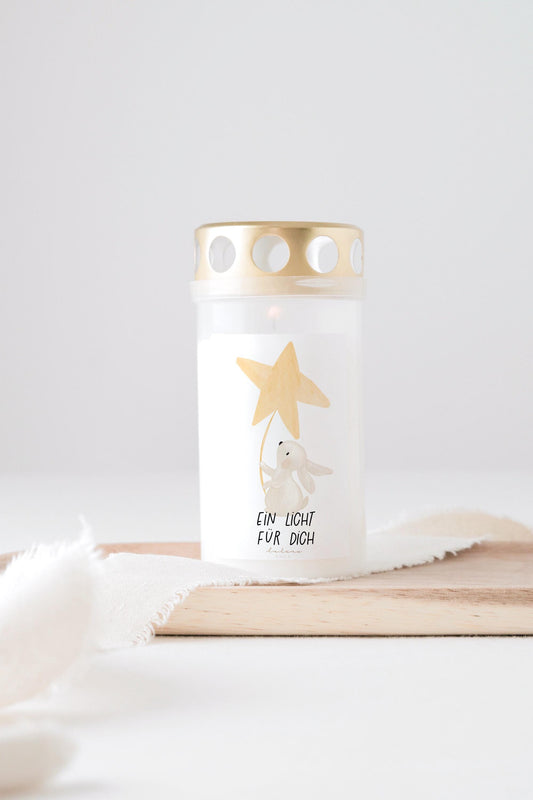 Grabkerze Hase  mit Spruch "Ein Licht für dich " Trauerkerze Trauergeschenk Sternenkind Himmelsgeburtstag
