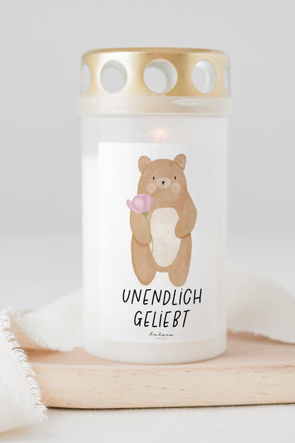 Grabkerze Bär mit Spruch "unendlich geliebt" Trauerkerze Trauergeschenk Himmelsgeburtstag Grabschmuck