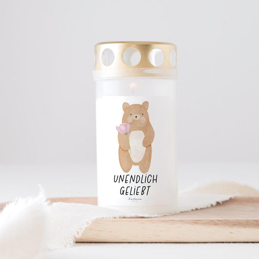 Grabkerze Bär mit Spruch "unendlich geliebt" Trauerkerze Trauergeschenk Himmelsgeburtstag Grabschmuck