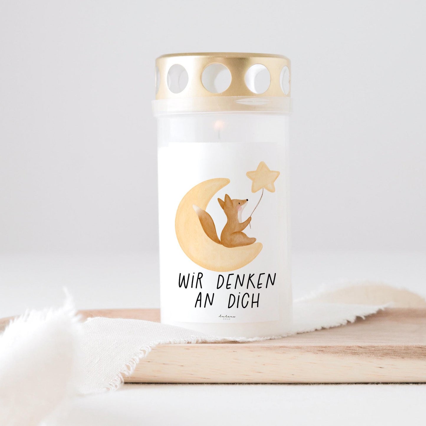 Grabkerze Fuchs mit Spruch "Wir denken an dich" Trauerkerze Trauergeschenk Himmelsgeburtstag Grabschmuck