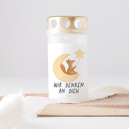 Grabkerze Fuchs mit Spruch "Wir denken an dich" Trauerkerze Trauergeschenk Himmelsgeburtstag Grabschmuck