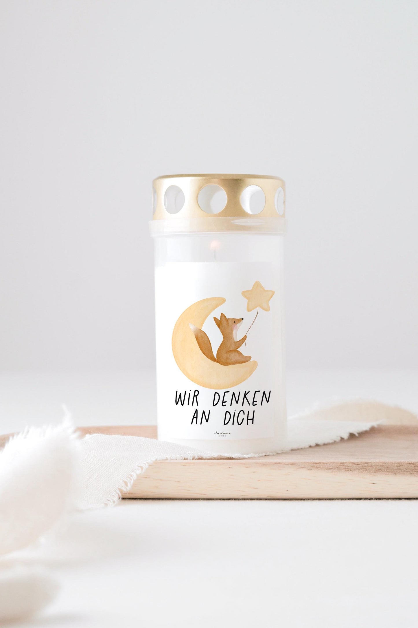 Grabkerze Fuchs mit Spruch "Wir denken an dich" Trauerkerze Trauergeschenk Himmelsgeburtstag Grabschmuck