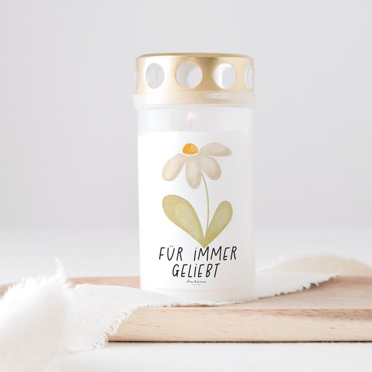 Grabkerze Gänseblümchen mit Spruch "Für immer geliebt "