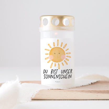 Grabkerze Sonne  mit Spruch "Du bist unser Sonnenschein " Trauerkerze Trauergeschenk Himmelsgeburtstag Grabschmuck Sternenkind