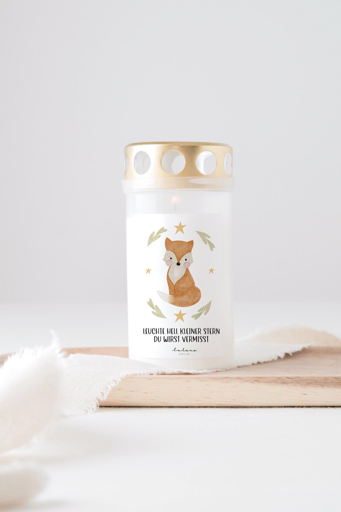 Grabkerze Fuchs mit Spruch „Leuchte hell kleiner Stern, du wirst vermisst“ Trauerkerze Trauergeschenk Sternenkind Himmelsgeburtstag I