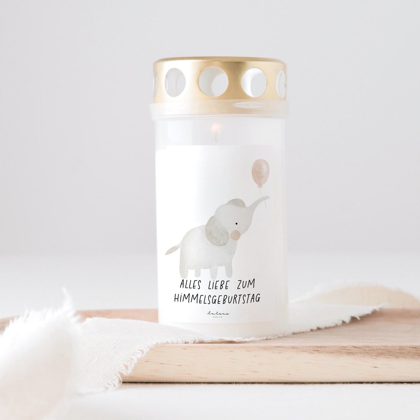 Grabkerze Himmelsgeburtstag Elefant mit Ballon und Spruch "Alles liebe zum Himmelsgeburtstag" Trauergeschenk Trauerkerze Geburtstag Kerze