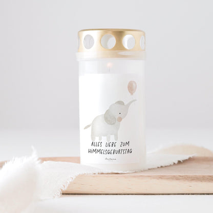 Grabkerze Himmelsgeburtstag Elefant mit Ballon und Spruch "Alles liebe zum Himmelsgeburtstag" Trauergeschenk Trauerkerze Geburtstag Kerze