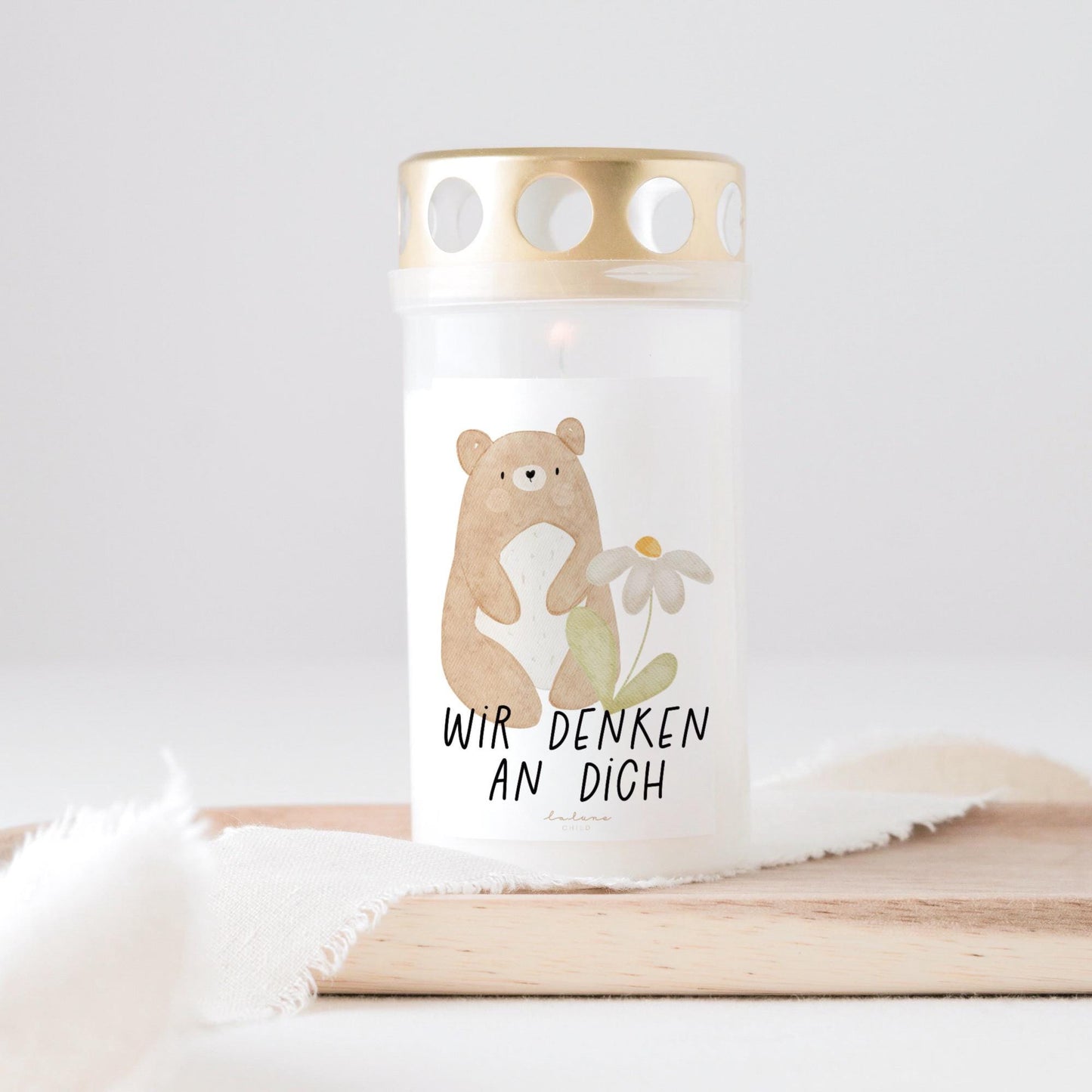 Grabkerze Bär mit Gänseblümchen Sternenkind Wir denken an dich Aquarell Personalisiert Grabkerzen Trauerfeier Lalunechild