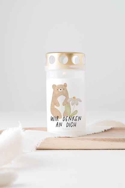 Grabkerze Bär mit Gänseblümchen Sternenkind Wir denken an dich Aquarell Personalisiert Grabkerzen TrauerfeierLalunechild