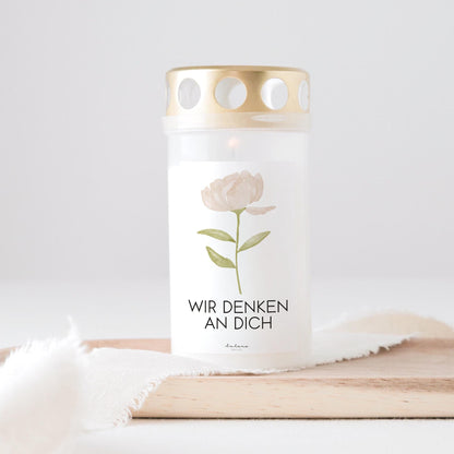 Grabkerze Pfingstrosen mit Spruch "Wir denken an dich"