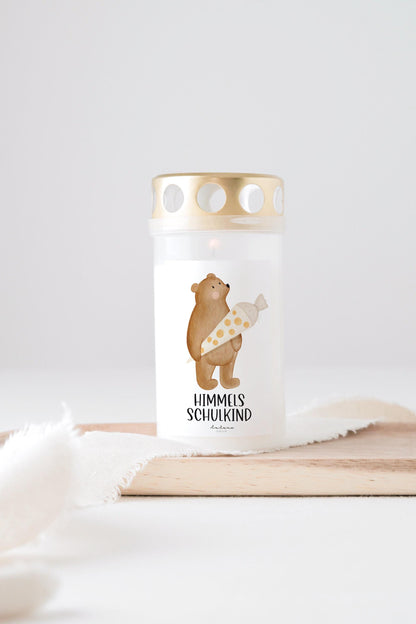 Grabkerze Bär Schultüte mit Spruch "Himmels Schulkind" Trauerkerze Trauergeschenk Sternenkind Himmel Schulkind 2025