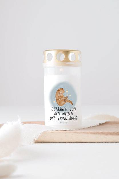 Grabkerze Otter Familie mit Spruch „Getragen in den Wellen der Erinnerung" Trauerkerze Trauergeschenk Sternenkind Himmelsgeburtstag