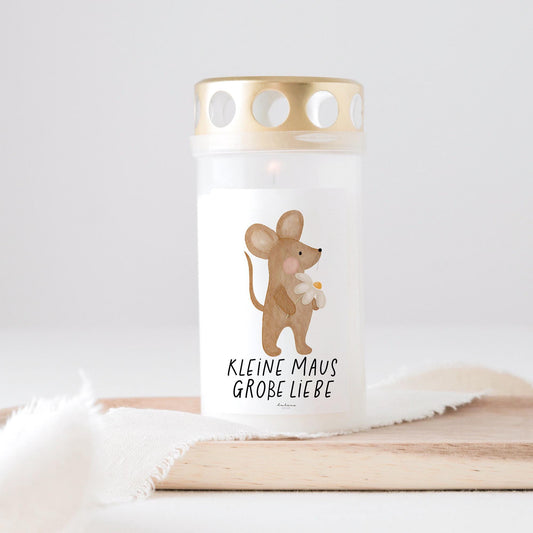 Grabkerze Maus Gänseblümchen mit Spruch "Kleine Maus - Große Liebe" Trauerkerze Trauergeschenk Himmelsgeburtstag Grablicht Kerze Friedhof