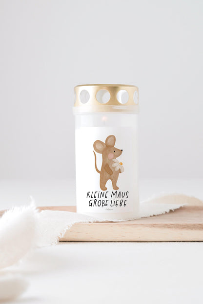 Grabkerze Maus Gänseblümchen mit Spruch "Kleine Maus - Große Liebe" Trauerkerze Trauergeschenk Himmelsgeburtstag Grablicht Kerze Friedhof