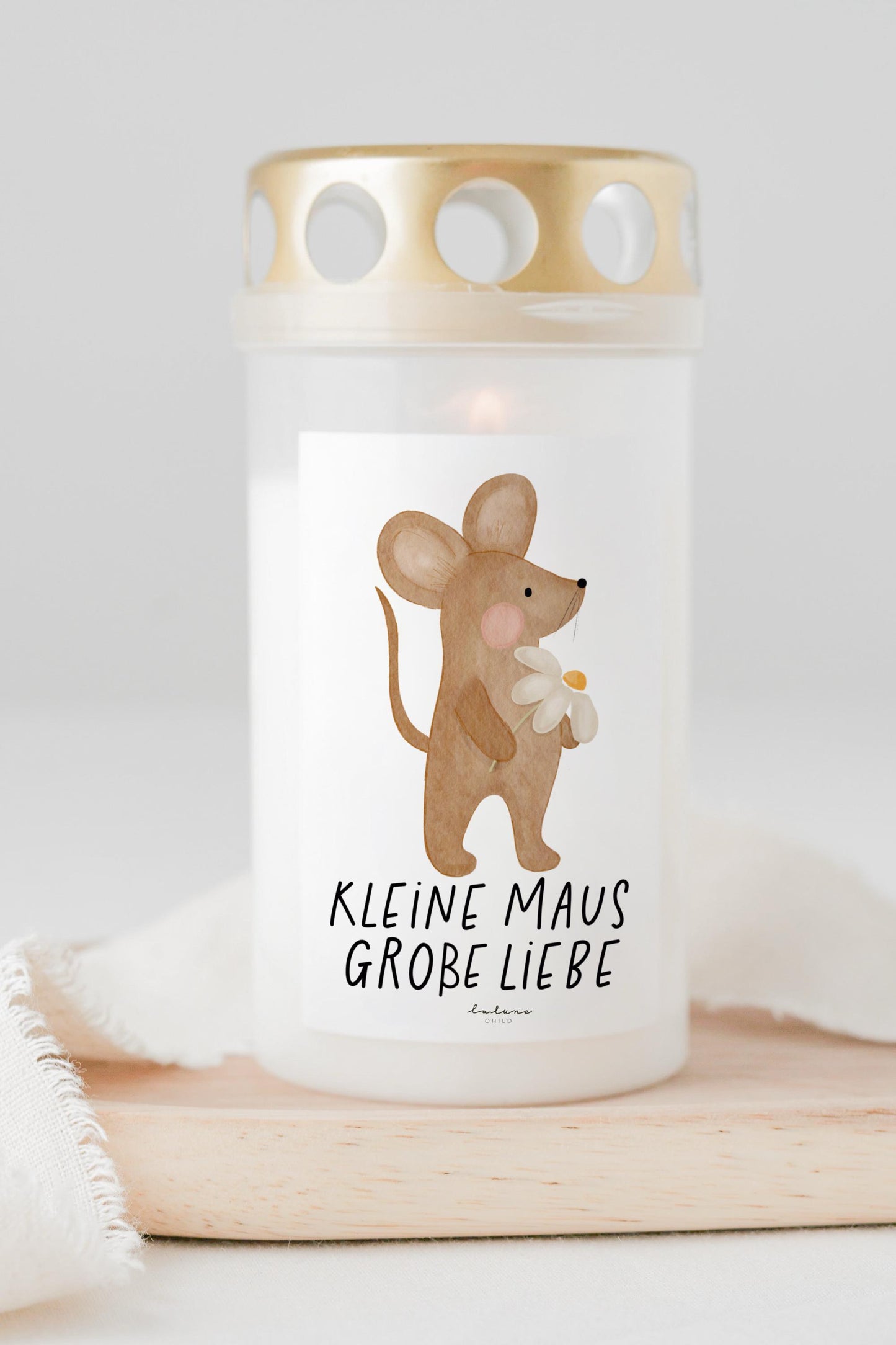 Grabkerze Maus Gänseblümchen mit Spruch "Kleine Maus - Große Liebe" Trauerkerze Trauergeschenk Himmelsgeburtstag Grablicht Kerze Friedhof