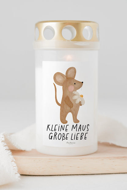 Grabkerze Maus Gänseblümchen mit Spruch "Kleine Maus - Große Liebe" Trauerkerze Trauergeschenk Himmelsgeburtstag Grablicht Kerze Friedhof