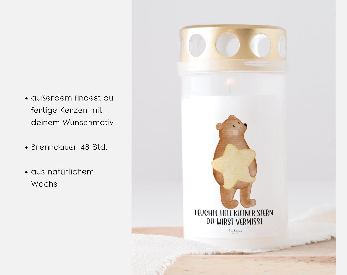 Grabkerzen Sticker Bär mit Stern – Leuchte hell kleiner Stern, du wirst vermisst | Erinnerung für Grabkerze Sternenkind