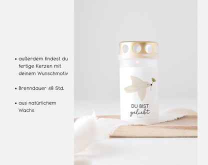 Sticker für Grabkerze Taube mit Spruch „Du bist geliebt“ Gedenkkerze Trauerkerze Sternenkind Grabkerzen Mama Papa Oma Opa